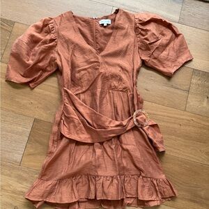 Lost + Wander Terracotta Puff-Sleeve Mini Dress with Belt